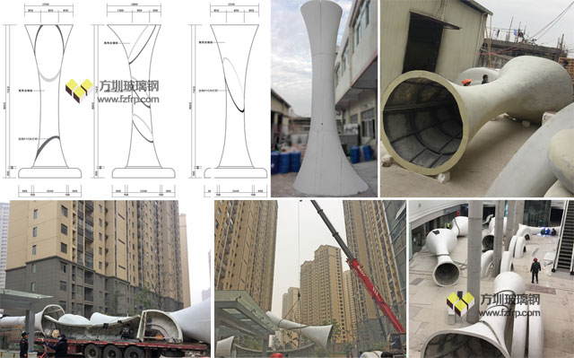 大型玻璃鋼裝飾柱帶坐凳底座方圳工廠設計生產運輸吊裝圖